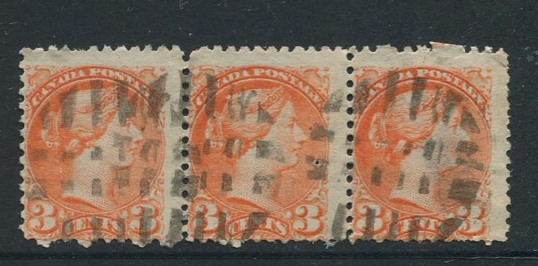 Canada -Scott 37 - Queen Victoria -1873 - Used - Horiz.Strip of 3 X 3c Stamp