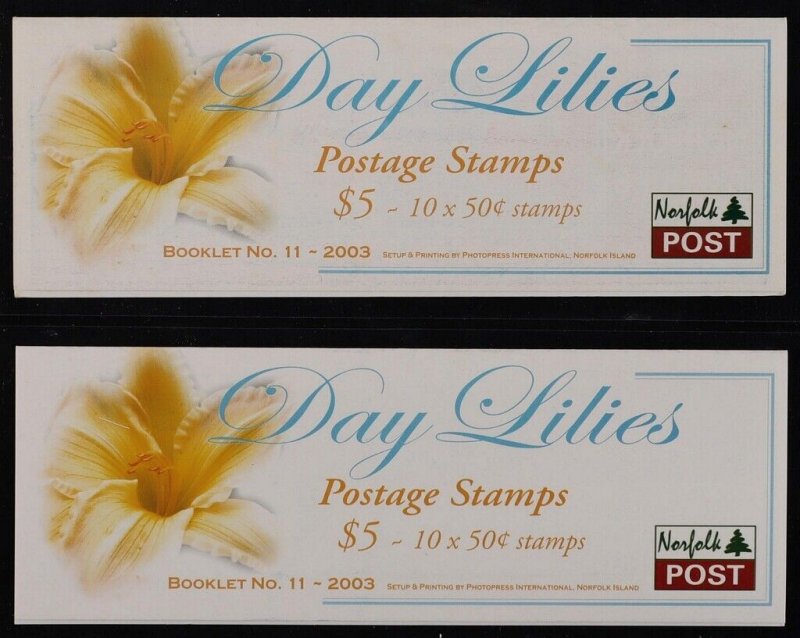 NORFOLK ISLAND 2003 Lilies $5 Booklets. MNH **. Pfr BK 21A & 21(var) cat $50 (2)