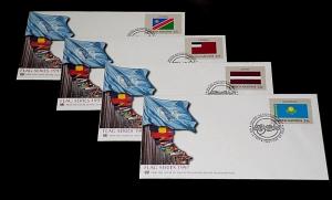 U.N. 1997, NEW YORK #690-697, FLAG SERIES, SINGLES ON FDCs,NICE LQQK