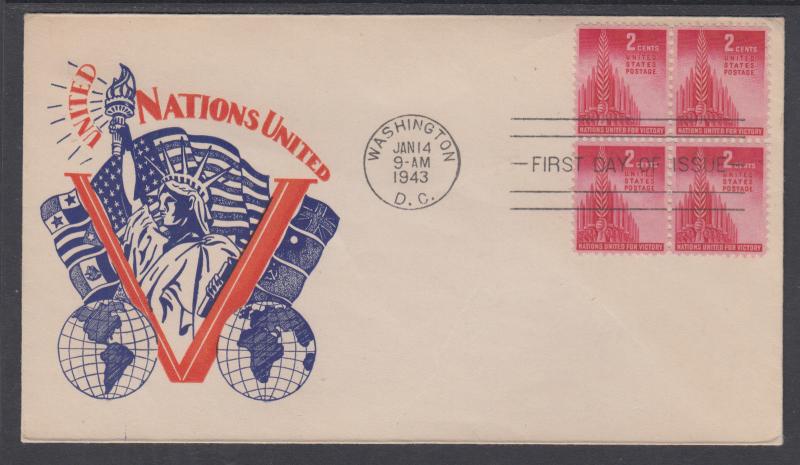 US Mel 907-9 FDC. 1943 2c United Nations, P. Goldstein cachet