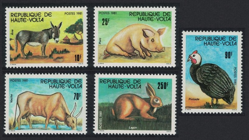 Upper Volta Guineafowl Bird Rabbit Pig Donkey Stock Breeding 5v 1981 MNH