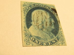 US Stamps, Scott #9 USED,1 Cent Franklin type IV Used, w/R.Doporto Certification