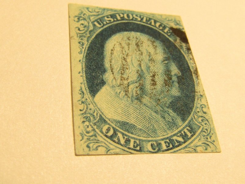 US Stamps, Scott #9 USED,1 Cent Franklin type IV Used, w/R.Doporto Certification