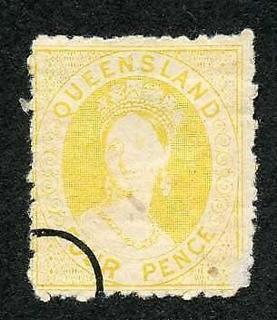 Queensland 1874 4d Proof in yellow No wmk Perf 13 SCARCE (with gum) with ring c 