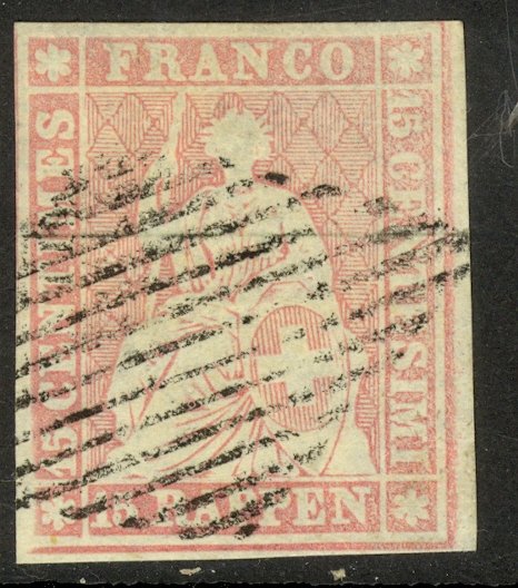 SWITZERLAND 1857 15r Pale Dull Rose Thin Paper SEATED HELVETIA Sc 33 VFU