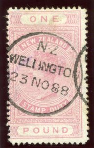 New Zealand 1886 QV Postal Fiscal £1 rose-pink very fine used. SG F33.