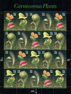 US: 2001 CARNIVEROUS PLANTS; Complete Sheet MNH Sc 3528-31; Flytrap Lily Trumpet
