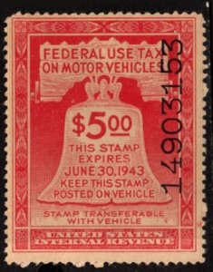 1942 US Scott #- RV6 $5.00 Motor Vehicle Use Tax Liberty Bell MNH