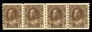 Canada #129 Cat$240+, 1918 3c brown, horizontal strip of four, never hinged, ...