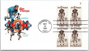 U.S. FIRST DAY COVER JIM THORPE FAMOUS AMERICAN FOOTBALL ATHLETE BLOCK (4) 1984