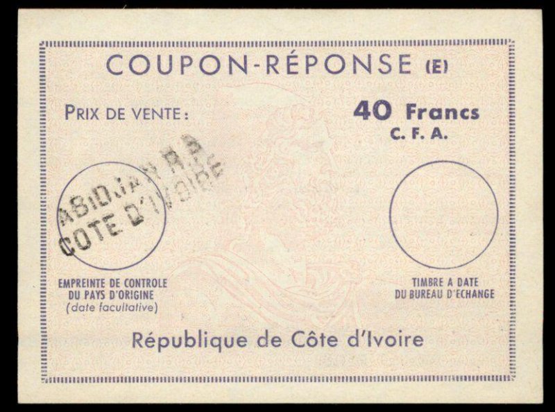 Cote d Ivoire Ivory Coast International Reply Coupon IRC Post Office 98979