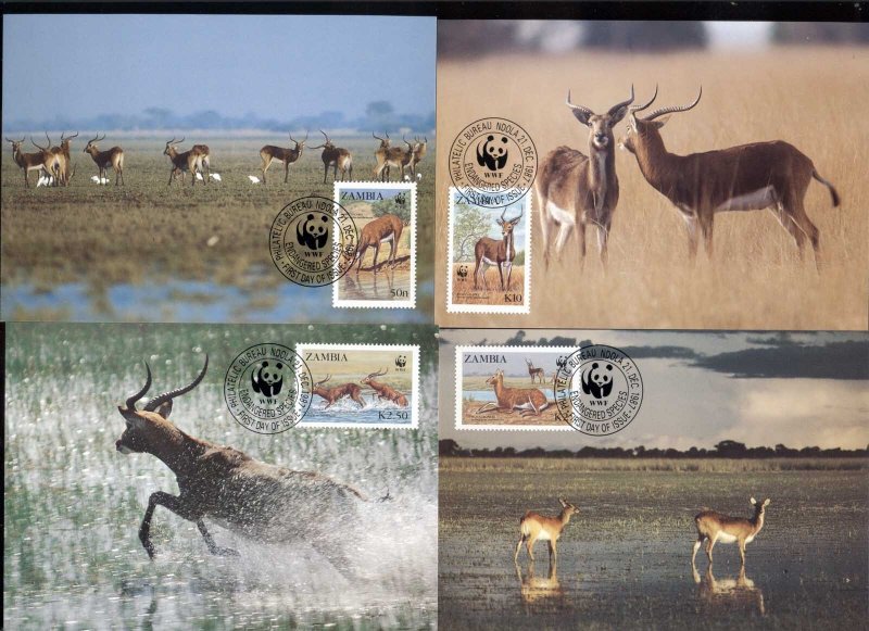 Zambia 1987 WWF Black Lechwe 4xMaxicard