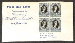 SEYCHELLES 172 (x4) STAMPS QUEEN ELIZABETH II TO CANADA FDC FIRST DAY COVER 1953