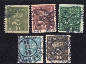 Sweden 1920 Set of 5 Crown & Post Horn, Scott 146, 148, 150, 154, 158 used
