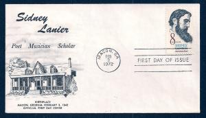 UNITED STATES FDC 8¢ Sidney Lanier 1972 Cacheted