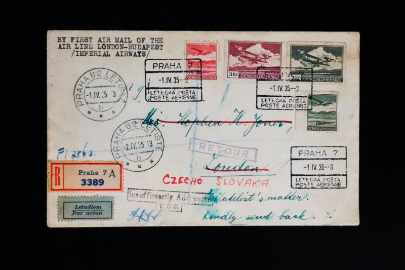 Czechoslovakia Registered Airmail Stamp Cover First Flight to London