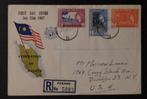 1957 Penang Malaya First Day Cover FDC To Brooklyn USA Federation Stamps