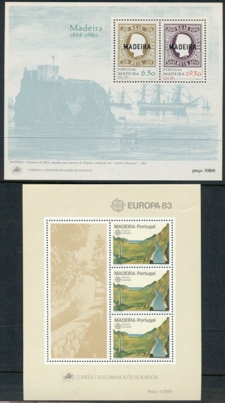 PORTUGAL, MADEIRA: 1983 EUROPA + 1980 Stamps on Stamps; 2 MNH Mini-Sheets
