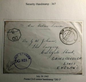 1945 Poona India On Active Service censored Cover To Gainsborough England