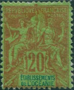 French Oceania 1892 SG7 20c red and blue on green navigation and commerce MH