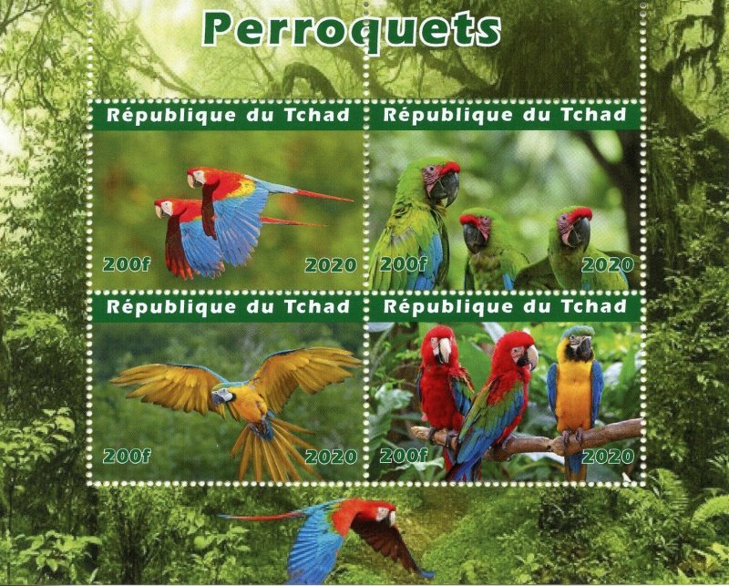 Chad Birds on Stamps 2020 MNH Parrots Macaws Fauna 4v M/S 