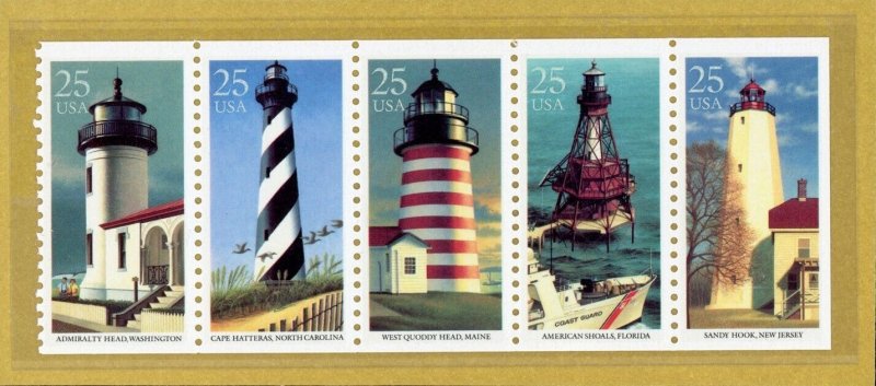 US Stamp #2470-2474a Lighthouses 25c - Booklet Pane of 5 - MNH - CV $7.50