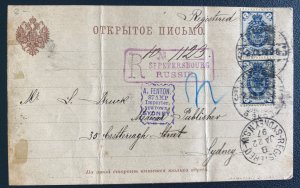 1897 St Petersburg Russia Registered Postcard cover To Sydney Australia