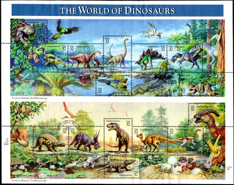 3136 Used, pane of 15, Dinosaurs