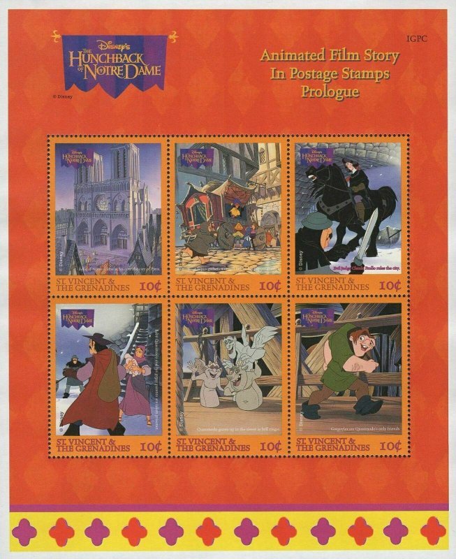 St. Vincent Disney Hunchback Of Notre Dame Souvenir Sheet of 6 Stamps MNH