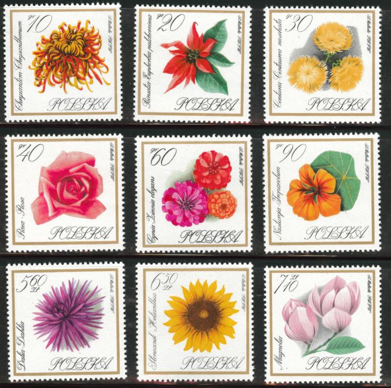 Poland Scott 1430-1438 MNH** flower set 1966