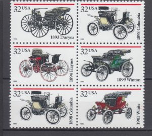 (B) USA #3019-23 Antique Automobiles Block of 6 MNH