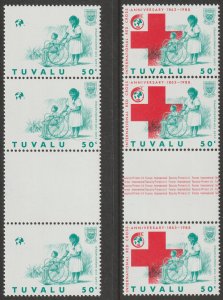 TUVALU 1988 RED CROSS gutter strip of 3 RED OMITTED mnh