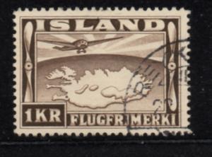 Iceland Sc C19 1934 1 krr plane & map airmail stamp used