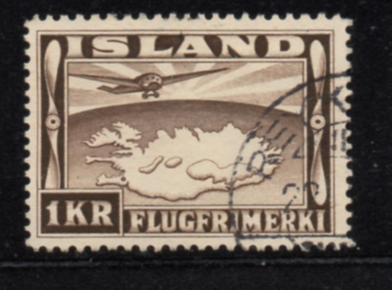 Iceland Sc C19 1934 1 krr plane & map airmail stamp used