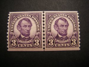 Scott 600, 3 cent Lincoln, Line Pair, MNH Early Coil Beauty, CV $60