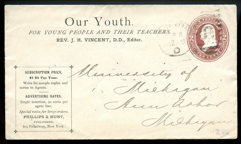 U.S. Scott U277 1886 Stamped Envelope w/Our Youth Ad