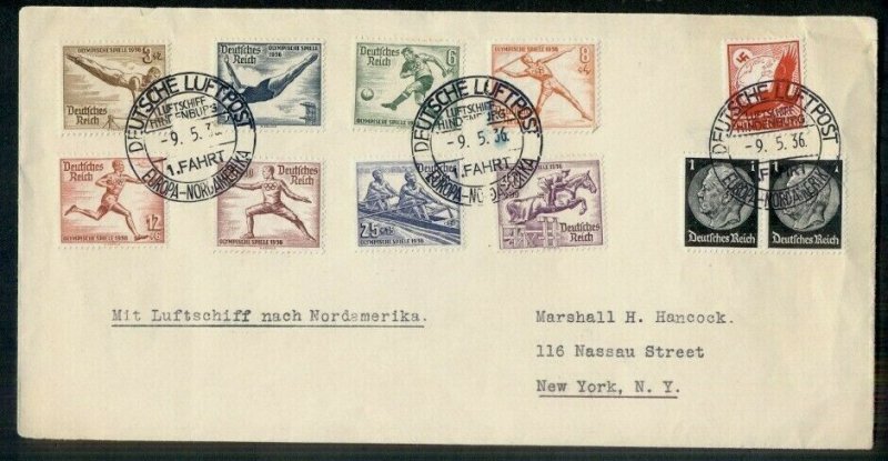 GERMANY, 1936, 1st No. America Zepp Flight cover to US w/Olympic set First Day