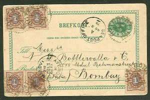 SWEDEN 1892, Multifranked 5ore postal card to Bombay INDIA w/SEA POST OFFICE stk