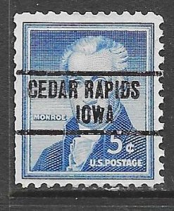 USA 1038: 5c Monroe, Cedar Rapids, Iowa, precancel, used, F-VF