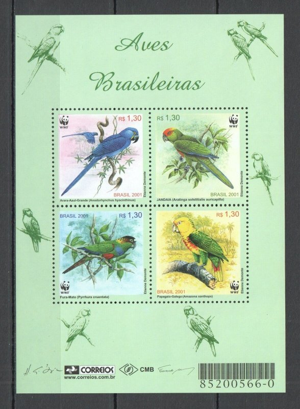Ft100 2001 Brazil Wwf Parrots Brazilian Birds Fauna #3150-3 Bl115 Mnh