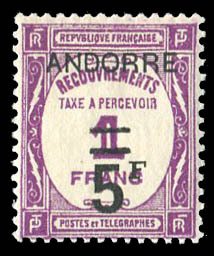 Andorra (French) #J15 Cat$120, 1931 5fr on 1fr violet, lightly hinged