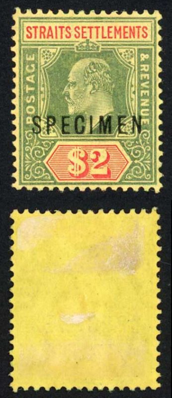 Straits Settlements SG166s KEVII 2 dollar Green and red/yellow Opt SPECIMEN M/M