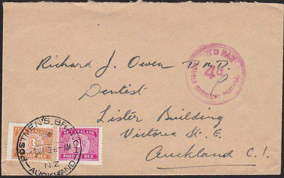 NEW ZEALAND 1943 local Auckland cover - TO PAY / 4d + dues..................1846