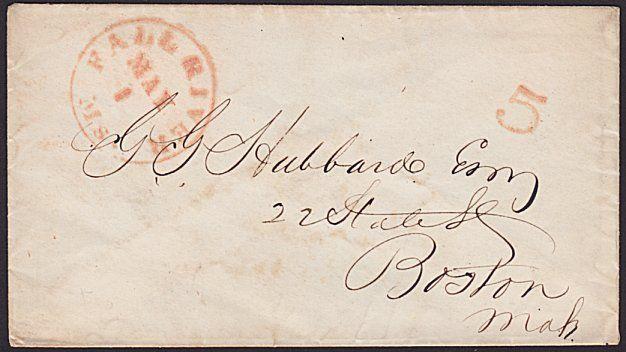 USA c1840s FALL RIVER / Ms and 5 on cover to Boston........................67242