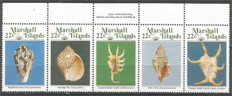 MARSHALL ISLANDS, 1987, MNH 22c, Strip of 5  Seashells Scott 156a
