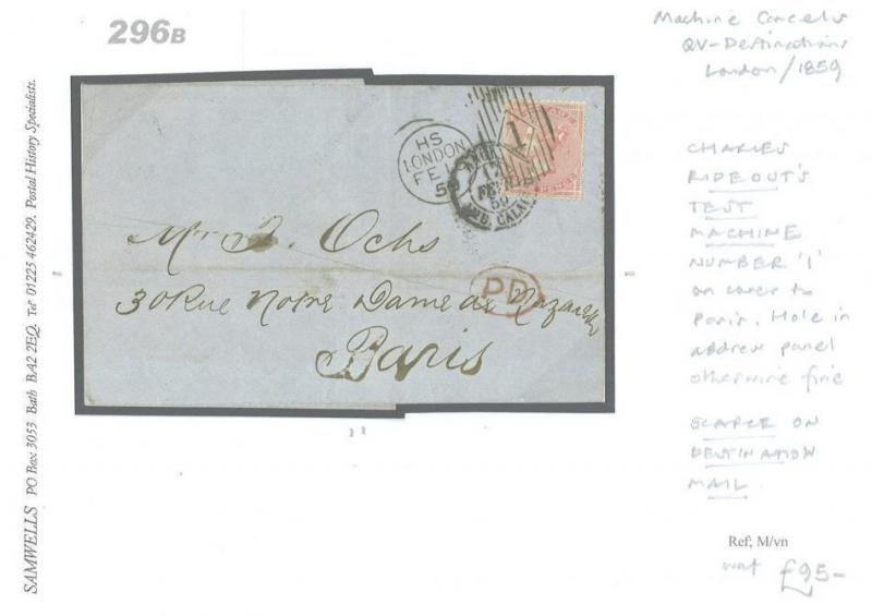 GB QV POSTMARKS *Charles Rideout* TRIAL MACHINE 4d Cover 1859 France SG.66 296b