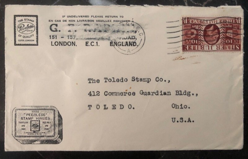 1930s London England Advertising Cover Stamp Hinges To Toledo OH USA