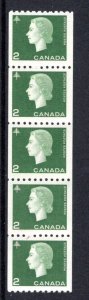 406i, Scott, 2c, MNHOG, VF, Jump Strip of 5, Cameo Issue Coil Stamps, Canada Pos