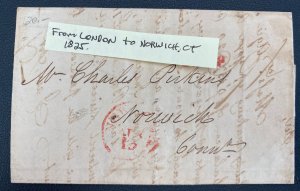 1825 London England Letter Sheet Stampless Maritime Mail Cover To Norwich Ct Usa