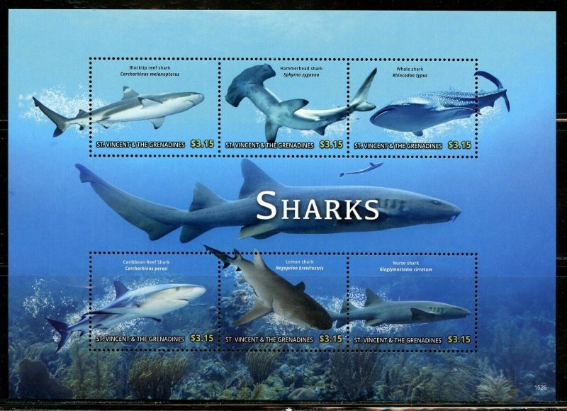 ST. VINCENT GRENADINES SHARKS SHEET AND SOUVENIR SHEET MINT NH  